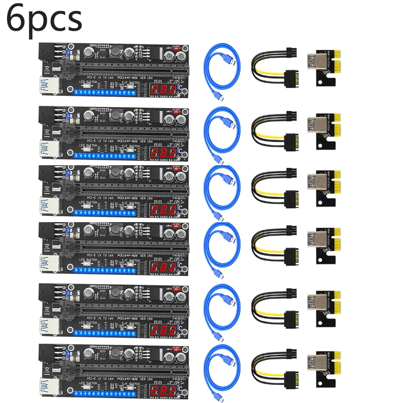 

1-6 шт., Райзер-карта PCI-E, VER15X, PCI Express, 1X до 16X, расширитель, 6-контактный адаптер GPU Mining, USB 3,0 PCIE Райзер для видеокарты