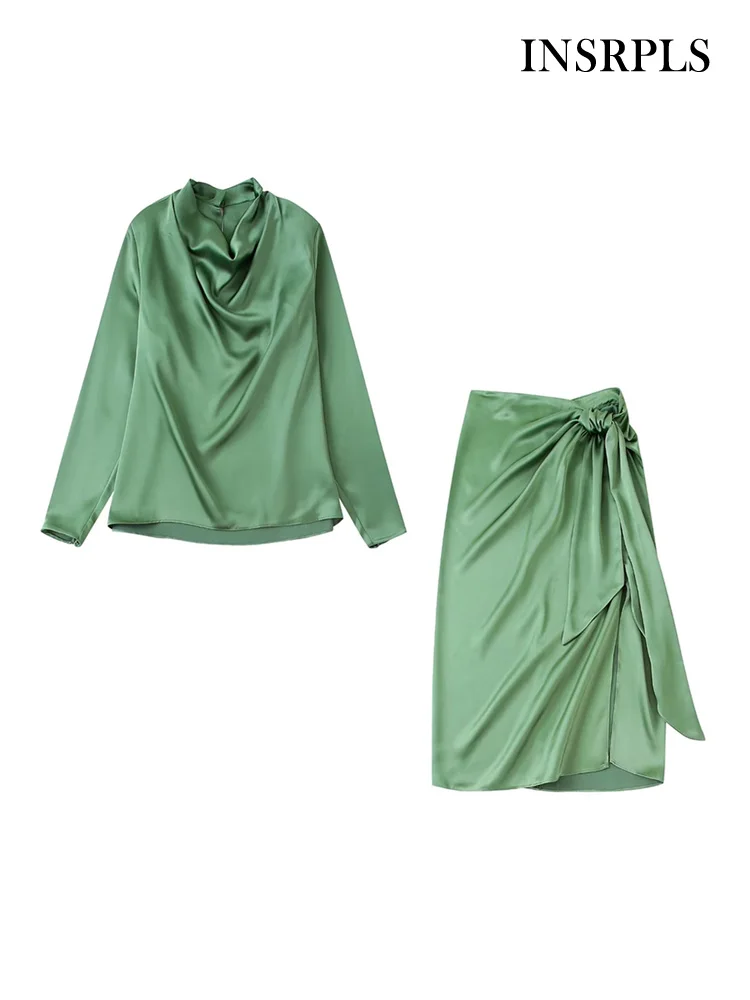 INSRPLS Women Fashion With Flowy Neck Satin Blouses And High Waist With Knot Midi Skirt Female Two Piece Sets Mujer
INSRPLS Women Fashion With Flowy Neck Satin Blouses And High Waist With Knot Midi Skirt Female Two Piece Sets Mujer