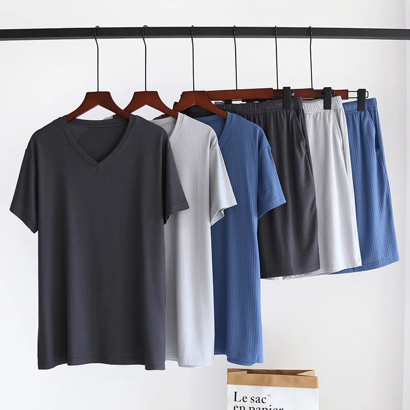 Newest Men's Summer Solid Color V-neck Jacquard Modal Shorts with Pockets Short Sleeve Sleep Tops with Shorts Home Wear Suits 
Newest Men's Summer Solid Color V-neck Jacquard Modal Shorts with Pockets Short Sleeve Sleep Tops with Shorts Home Wear Suits
