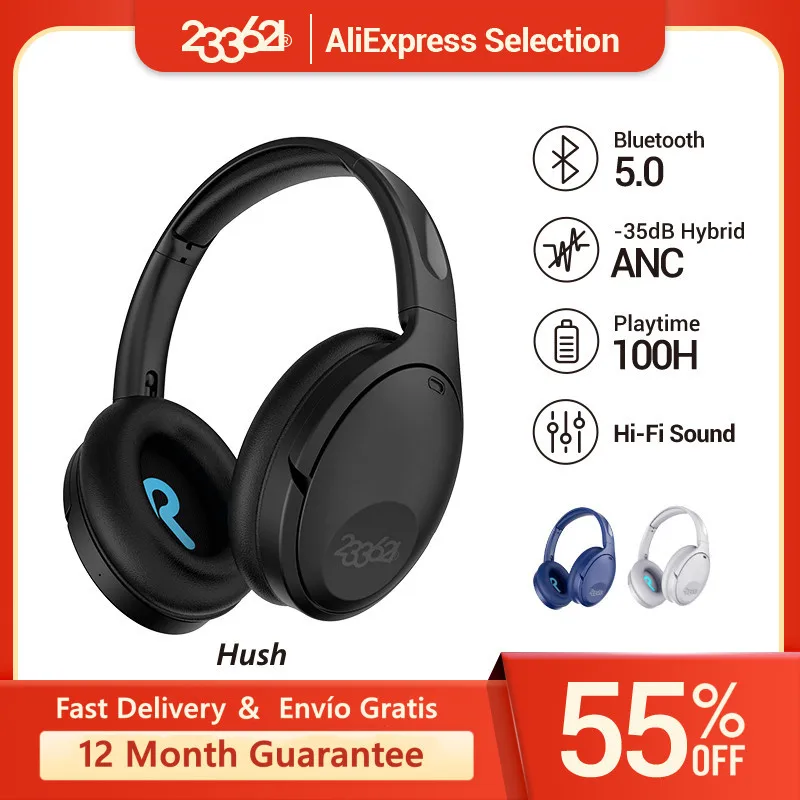 

233621 Hush Wireless Headphones Bluetooth Hybrid Active Noise Cancellation 100Hours Playtime Headsets Q30 Sound Stereo Earphones