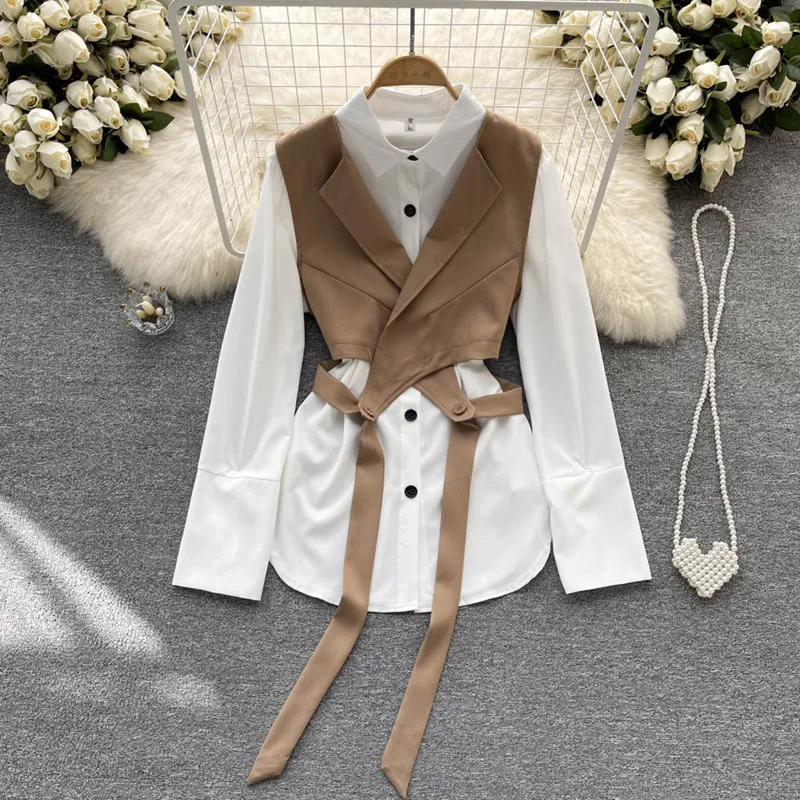 High sense two-piece suit women's autumn fashion short vest top white Long Sleeve Shirt blusas mujer de moda 2022
High sense two-piece suit women's autumn fashion short vest top white Long Sleeve Shirt blusas mujer de moda 2022