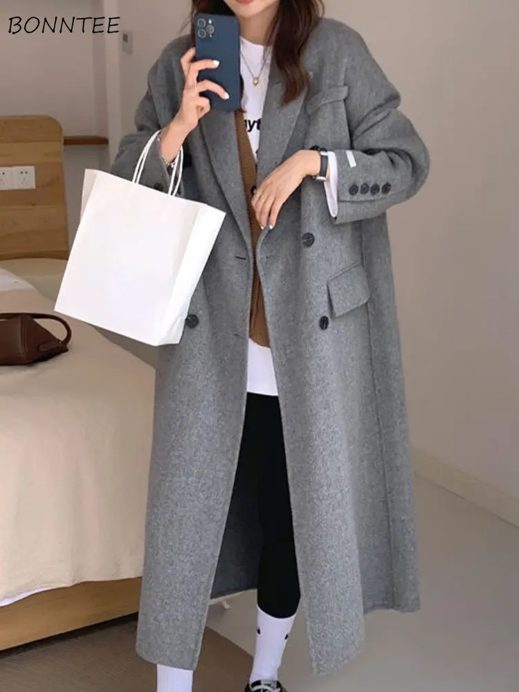 

X-long Blends Coats Women Baggy Minimalist Temper British Fashion Preppy Elegant Winter Pure Clothing Gentle All-match Casual