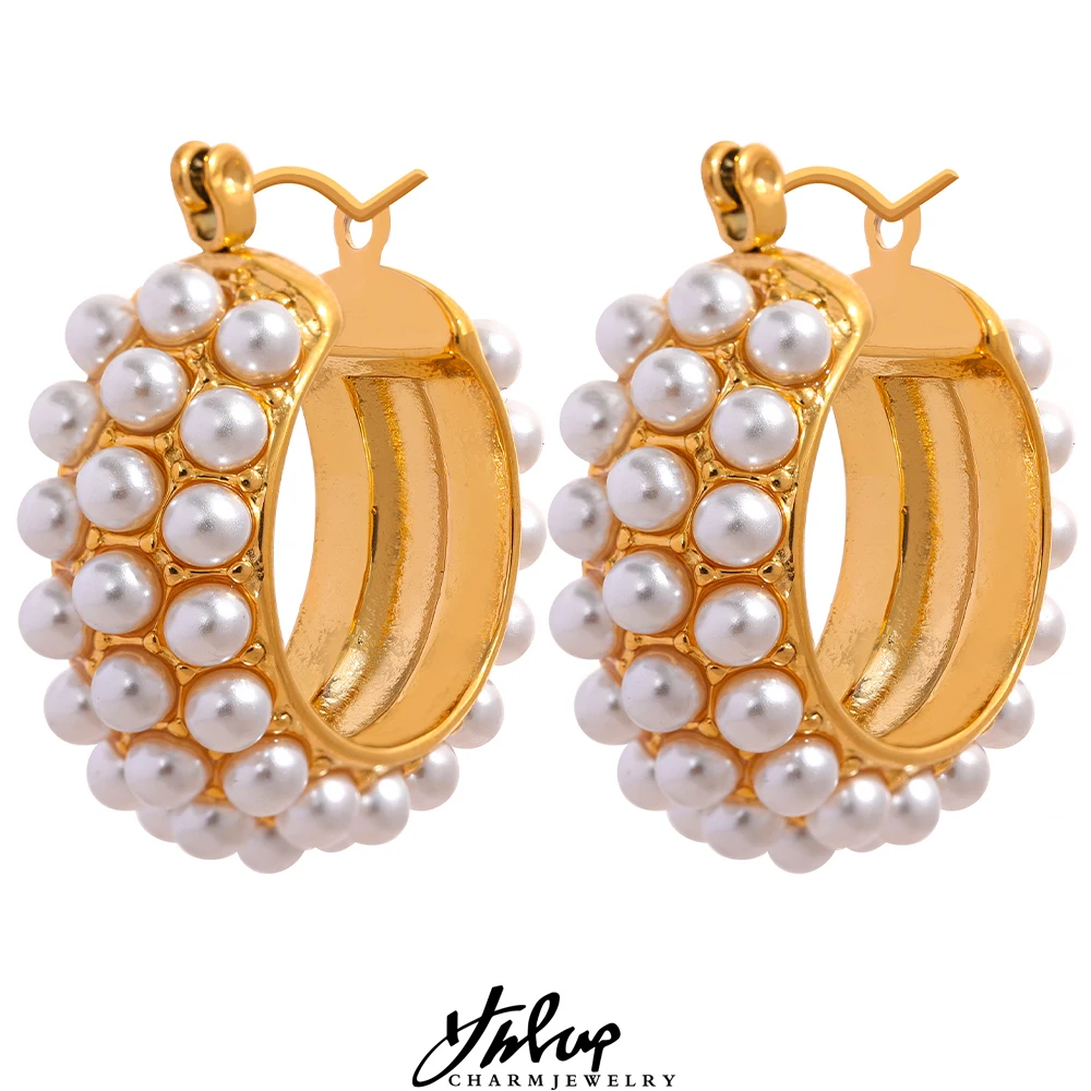 

Yhpup Tarnish Free Elegant Imitation Pearls Stainless Steel 18K Plated Round Huggie Hoop Earrings Golden Charm Jewelry for Women