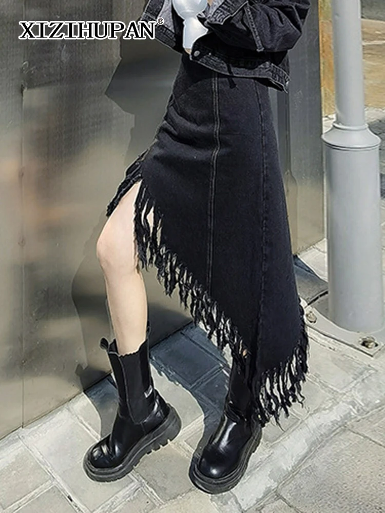 

XIZIHUPAN Asymmetrical Patchwork Tassel Skirt For Women High Waist Irregular Hem Black Skirts Female Spring Fashion New Clothing
