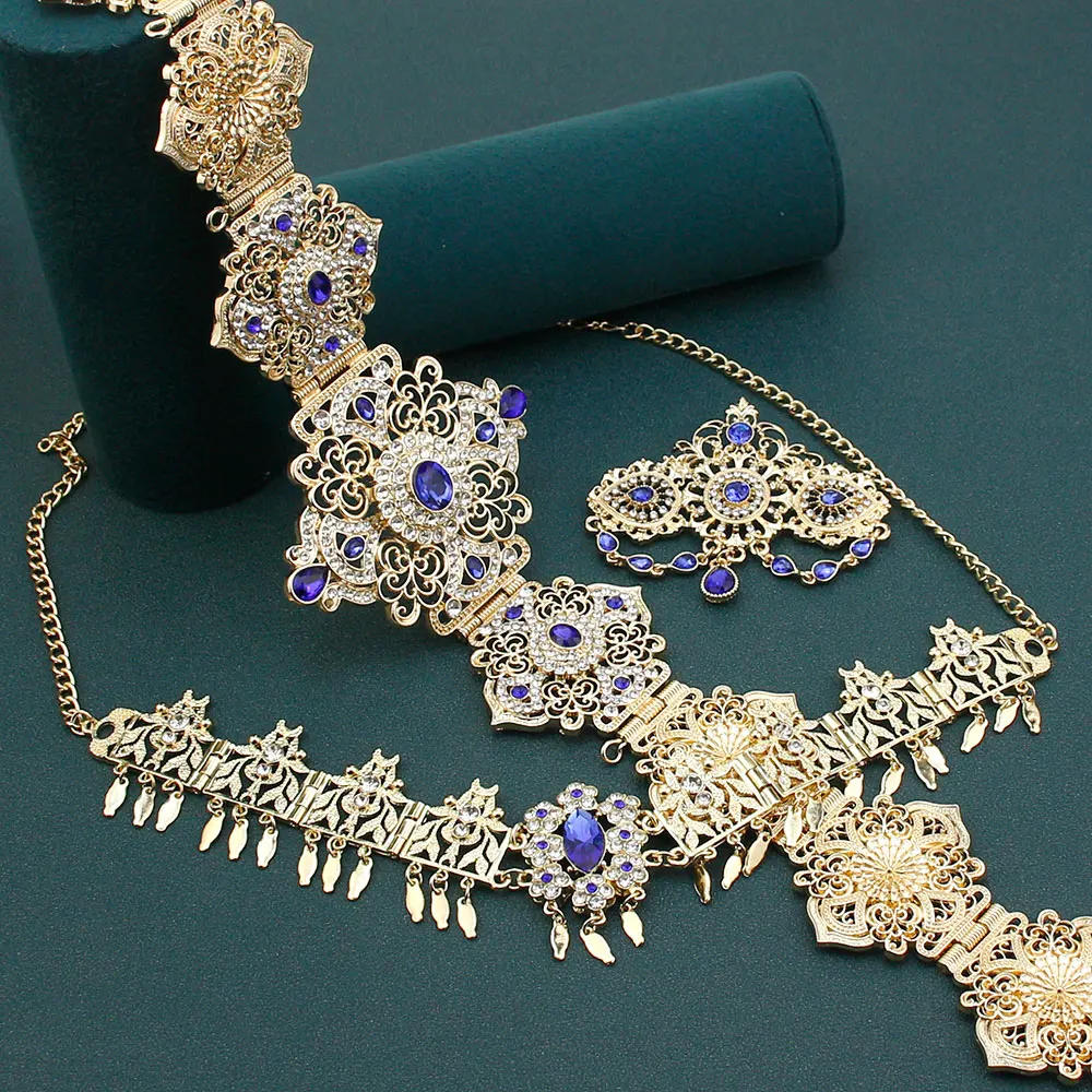 Sunspicems Gold Color Morocco Bride Jewelry Sets Arabic Blue Crystal Caftan Waist Belt Algeria Forehead Chain Hairband Brooch
Sunspicems Gold Color Morocco Bride Jewelry Sets Arabic Blue Crystal Caftan Waist Belt Algeria Forehead Chain Hairband Brooch