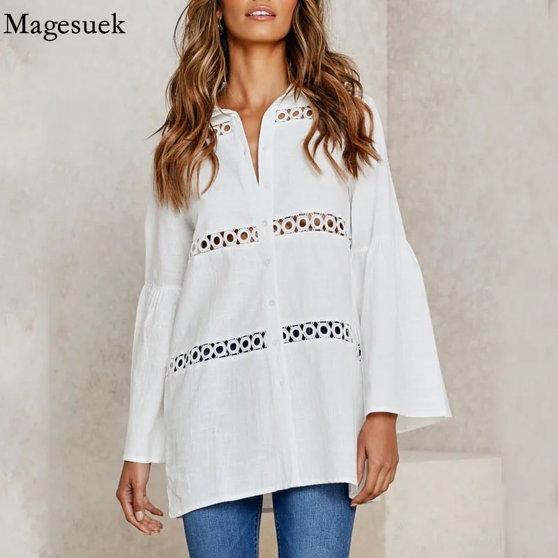 Hollow Out Flare Long Sleeve Shirt Fashion Ladies Turn-down Collar White Long Blouse for Women Elegant Loose Tops Female 19839
Hollow Out Flare Long Sleeve Shirt Fashion Ladies Turn-down Collar White Long Blouse for Women Elegant Loose Tops Female 19839