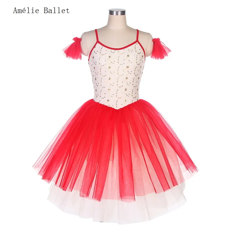 

22070 Ivory Sequin Lace Spandex Leotard Bodice with Red Romantic Tutu Skirt Girls & Women Ballet Dance Dress Performance Costume