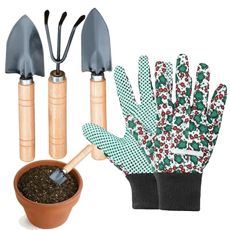 

Mini Gardening Potting Tools Set With Work Gloves Wooden Handle Shovel Rake Shovel Multifunctional Household Bonsai Tools 3 PCS
