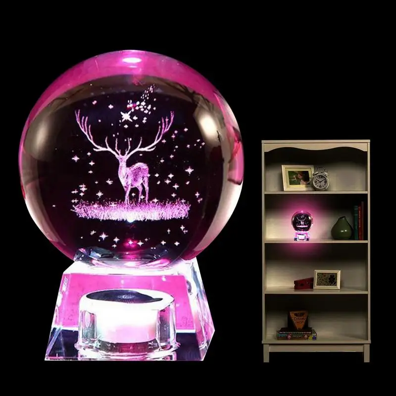 

Engraved Glass Globe With Night Light Crystal Ornament Miniature Reindeer Home Decor Christmas Decoration Accessories Sphere