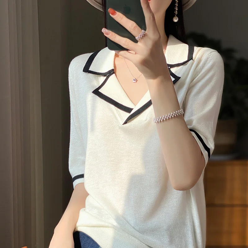 Woman's Tops New Style Turn-Down Collar T-Shirt Short Sleeve Tees Summer Female Pullover Office Lady Blouse Wool Mixed Knitted
Woman's Tops New Style Turn-Down Collar T-Shirt Short Sleeve Tees Summer Female Pullover Office Lady Blouse Wool Mixed Knitted