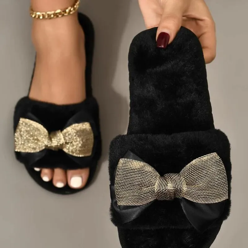 Hairy slippers, women's outer wear, home women's slippers, flat open-toe, big bow, cotton slippers, women's trend
Hairy slippers, women's outer wear, home women's slippers, flat open-toe, big bow, cotton slippers, women's trend