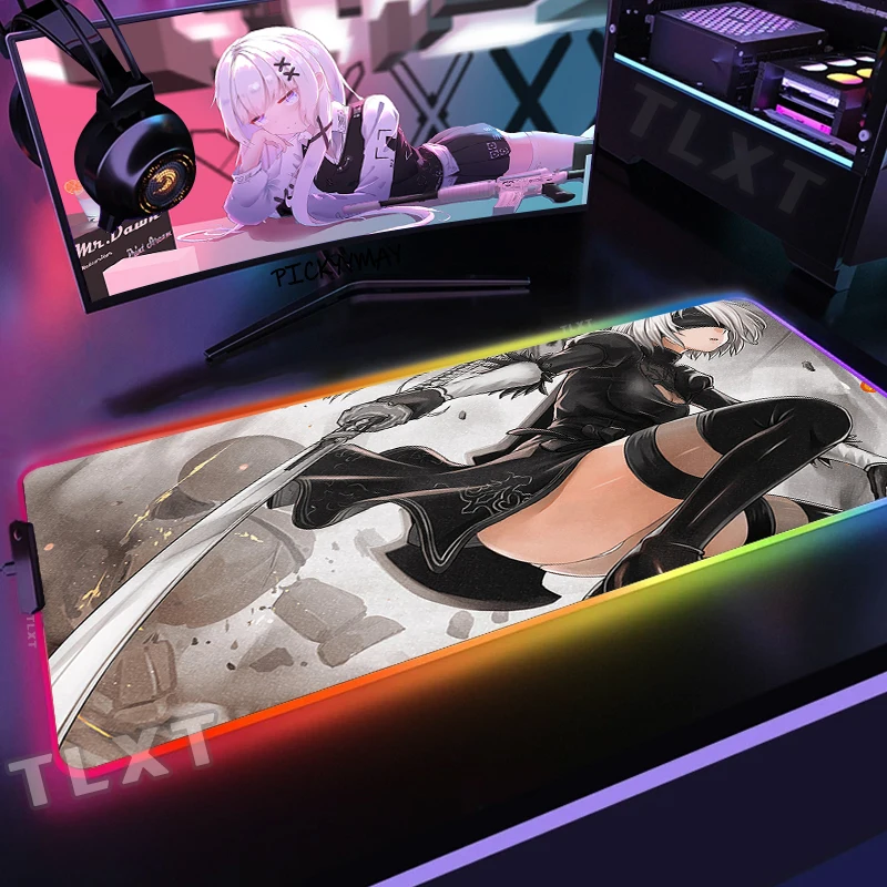 Большой коврик для мыши Nier Automata 2B RGB, размер XXL, игровой коврик для мыши, игровые коврики для мыши, коврики для мыши с аниме девушкой, настольные коврики с подсветкой