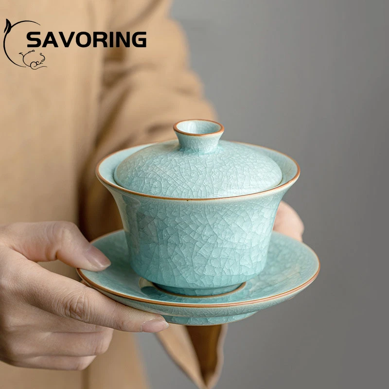 

180ml Retro Ru Kiln Ceramic Tea Tureen Ice Flower Glaze Sancai Tea Bowl Can Raise Open Piece Tea Maker Gaiwan Kung Fu Tea Set