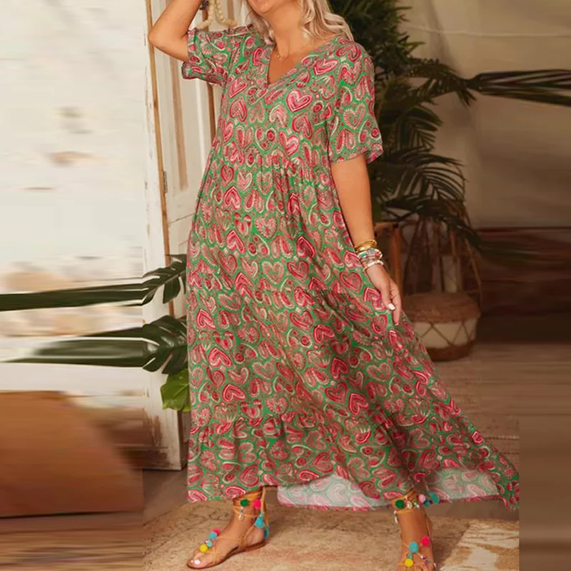 

Женское длинное платье с V-образным вырезом, свободное винтажное платье в богемном стиле с принтом сердец, летнее Пляжное Платье макси с коротким рукавом, весна 2023