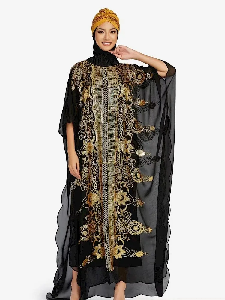 

Boubou African Dress Women With Sequin Batwing Sleeve Robes Fashion New Mesh See Through Sexy Bazin Riche Party African Dresses