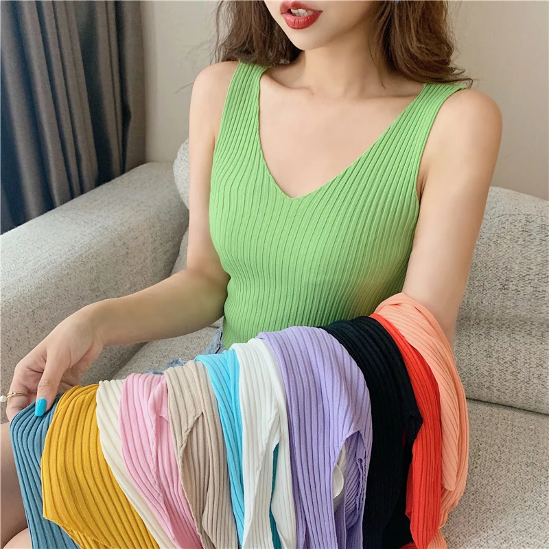 

Women Sexy Camisole Tanks Skinny Lady's V-neck Undershirt Solid Breathable Knitted Ice Silk Shoulder Vest Underwear for Female