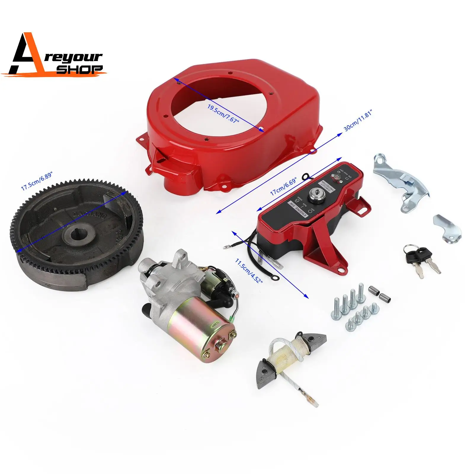 Комплект электрического запуска, крышка вентилятора зажигания стартера, подходит для комплекта маховика Honda GX160 GX200
Комплект электрического запуска, крышка вентилятора зажигания стартера, подходит для комплекта маховика Honda GX160 GX200