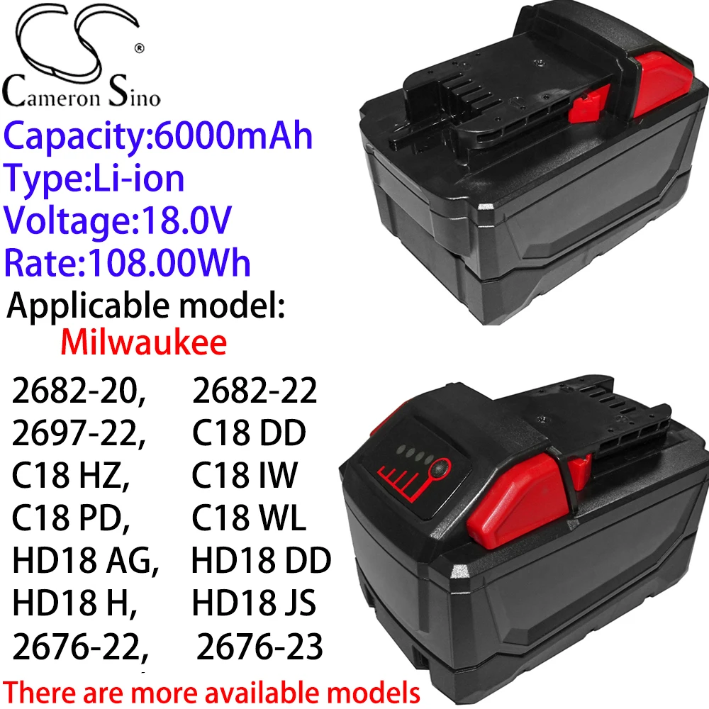 

Литий-ионный аккумулятор Cameron Sino 6000 мАч 18,0 в для Milwaukee 2682-20,22,2697,C18 DD,HZ, IW, PD,WL,HD18 AG