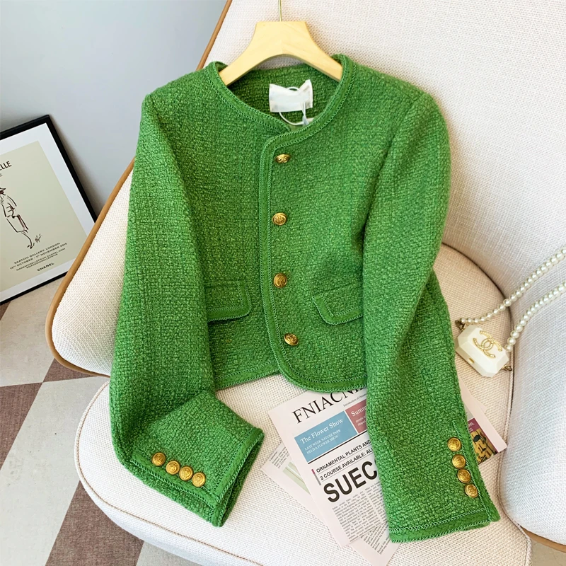 2023 Women Tweed Jacket Fall Winter Short Coat Korean Elegant Long Sleeve Green Tweed Jacket Luxury Gold Button Cropped Jacket 
2023 Women Tweed Jacket Fall Winter Short Coat Korean Elegant Long Sleeve Green Tweed Jacket Luxury Gold Button Cropped Jacket
