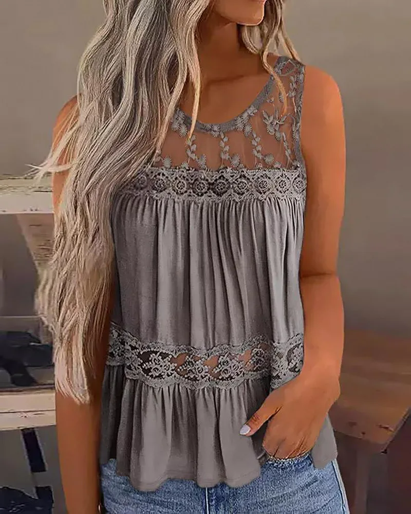 

Lace Splicing Ruffled Tank Tops for Women Summer Lace Crochet Splicing Pleated Vest Tanks Casual Blouse Sleeveless Shirts