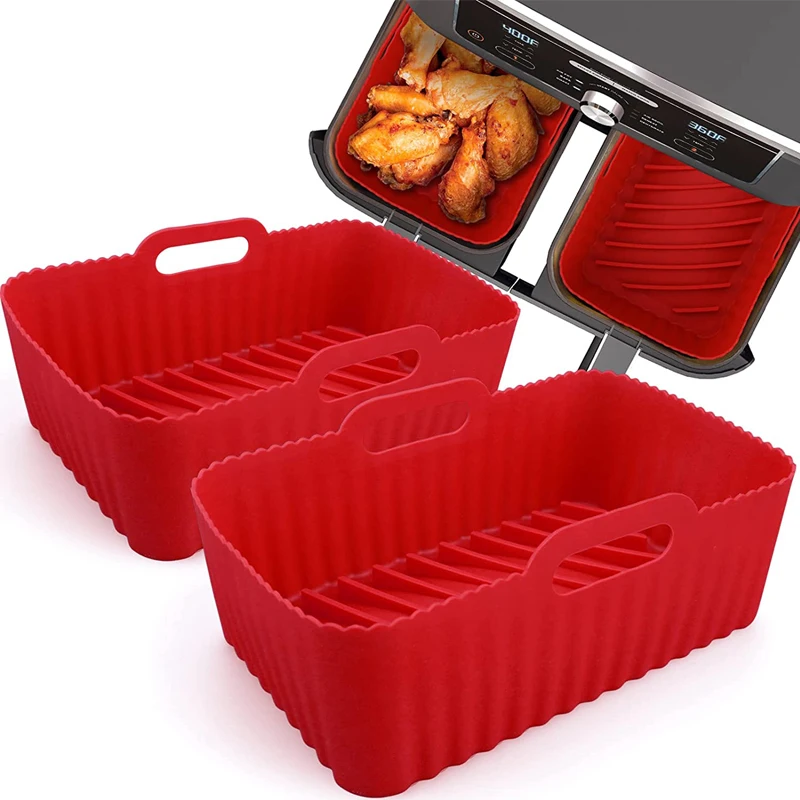

2 Pcs Silicone Air Fryer Liners, Rectangular Air Fryer Silicone Pot for Ninja Foodi DZ201/DZ401 Dualzone 6QT Pot (8.3x5.3'' Red)