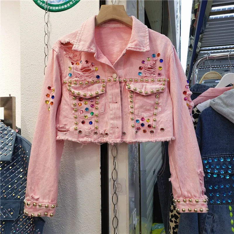 Multicolour Beading Diamonds Pocket Pink Denim Jacket Women Loose Short Cowboy Outerwear Hem Frayed Holes Jeans Jackets Female
Multicolour Beading Diamonds Pocket Pink Denim Jacket Women Loose Short Cowboy Outerwear Hem Frayed Holes Jeans Jackets Female