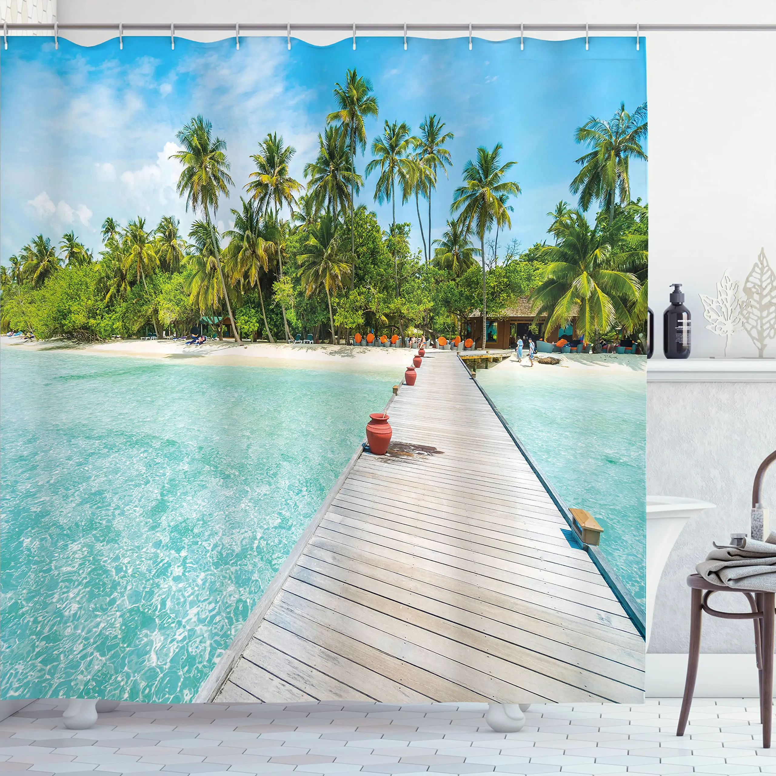 

Summer Tropical Beach Scenery Shower Curtain with Hooks Seaside Island Palm Trees Blue Sea Bath Curtain Bathroom Bathtub Decor