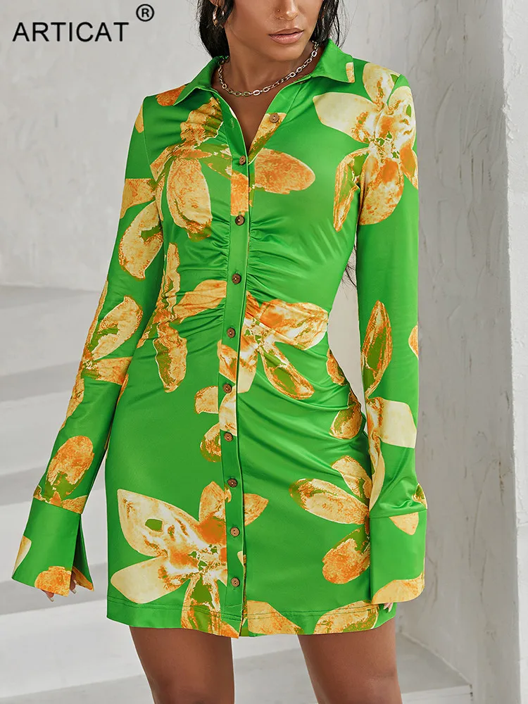 Articat New Autumn Print Women Dress Long Sleeve Single Breasted Ruched Female Dress Elegant Casual Party Clubwear Vestidos 2022
Articat New Autumn Print Women Dress Long Sleeve Single Breasted Ruched Female Dress Elegant Casual Party Clubwear Vestidos 2022