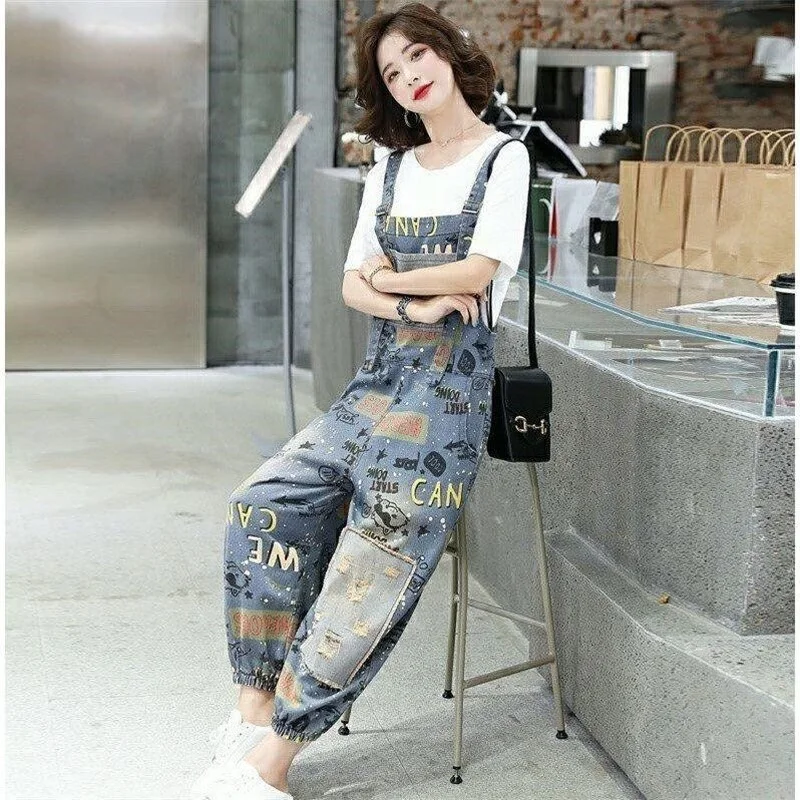 

Denim overalls women's thin section 2022 summer new Korean version loose western style one-piece wide-leg pants nine-point pants