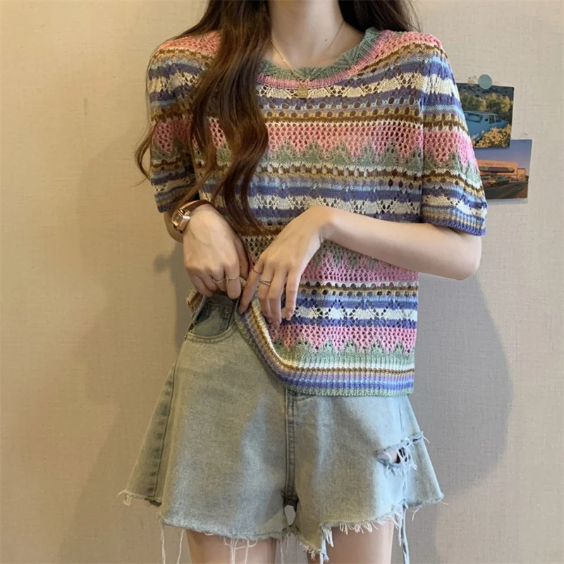 Womens Elegant Soft Crewneck Short Sleeve Hollow-Knit Pullover Sweaters Tunics Tops Summer Striped Tshirt Cover-Up
Womens Elegant Soft Crewneck Short Sleeve Hollow-Knit Pullover Sweaters Tunics Tops Summer Striped Tshirt Cover-Up