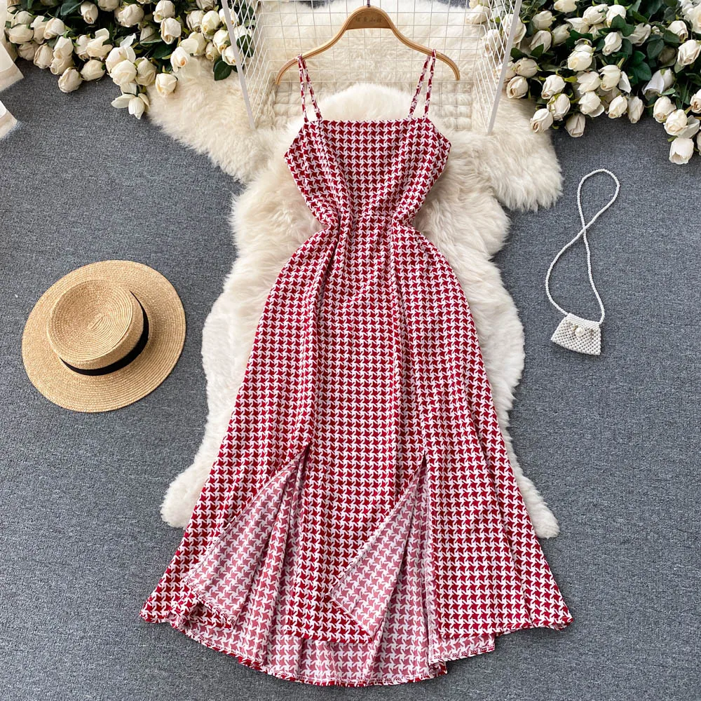 2022 Sexy Slim vintage plaid print Summer long Dress sexy split Party Spaghetti Strap vestidos Women elegant Beach tunic Dress
2022 Sexy Slim vintage plaid print Summer long Dress sexy split Party Spaghetti Strap vestidos Women elegant Beach tunic Dress