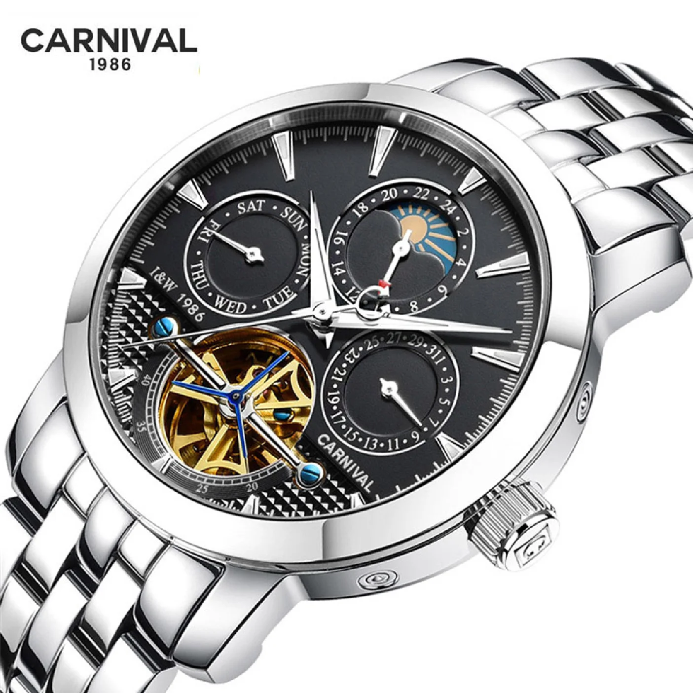 Luxury Multi Spin Tourbillon Mechanical Watch Men CARNIVAL Automatic Watch Luminous Moon Phase 316 Steel Band Reloj Hombre
Luxury Multi Spin Tourbillon Mechanical Watch Men CARNIVAL Automatic Watch Luminous Moon Phase 316 Steel Band Reloj Hombre