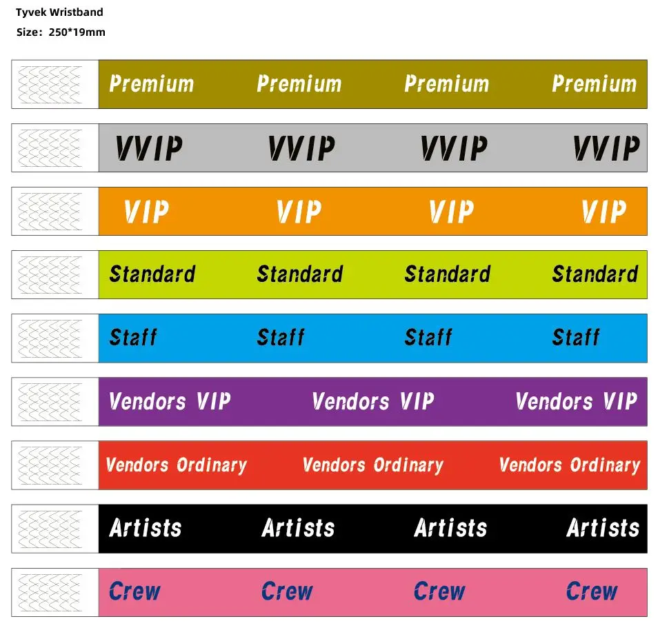 100pcs VVIP & Vendor & Staff & Standards & Preminus Tickets Tyvek Wristband for Events Admission
100pcs VVIP & Vendor & Staff & Standards & Preminus Tickets Tyvek Wristband for Events Admission