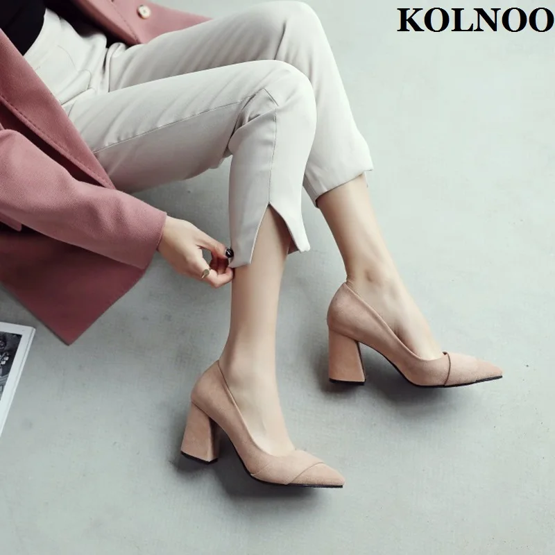 

Kolnoo New Classic Simple Ladies Chunky Heels Pumps Faux Suede Slip-on Dress Shoes Large Size US5-15 Evening Fashion Court Shoes