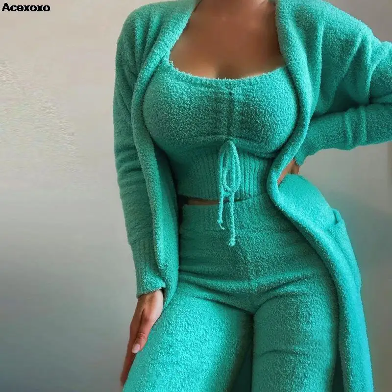 New winter women's solid color fashion casual plush drawstring halter top coat pants three-piece set 
New winter women's solid color fashion casual plush drawstring halter top coat pants three-piece set