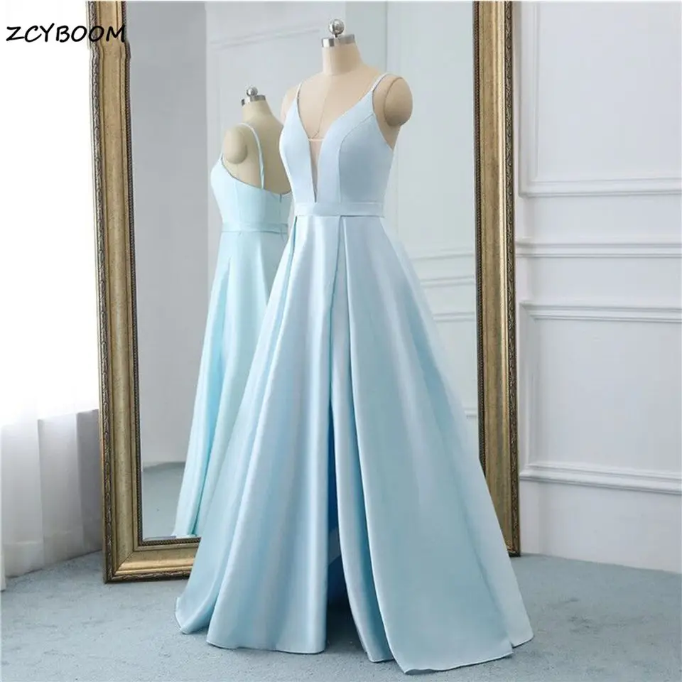 2022 Sexy Elegant Deep V-neck A-line Long Sky Blue Evening Dress Floor Length Satin Spaghetti Strap Backless Zipper Prom Gowns
2022 Sexy Elegant Deep V-neck A-line Long Sky Blue Evening Dress Floor Length Satin Spaghetti Strap Backless Zipper Prom Gowns