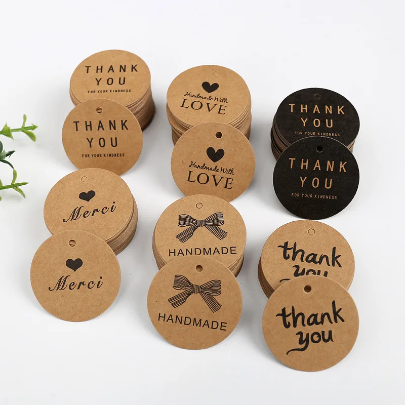 

100pcs 4cm Round Kraft Paper Tags Thank You Merci Love Print Tag Labels Handmade Product Garment Shoes Hang Tag DIY Accessories
