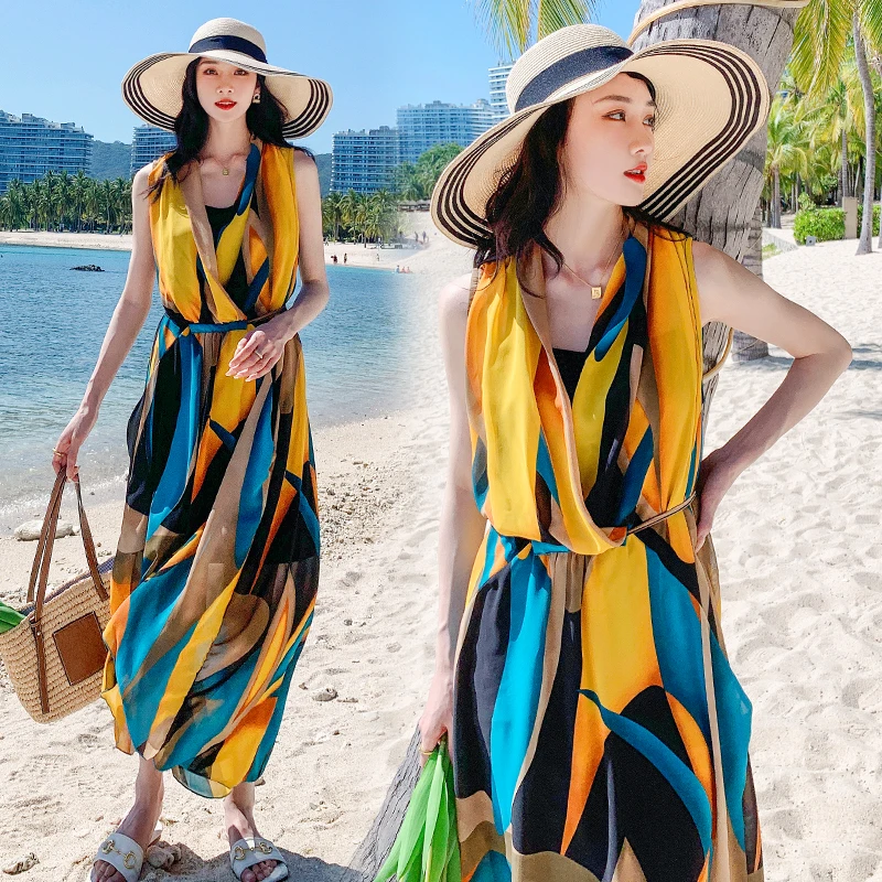 Beach Style Women's Long Dress Loose Summer Printing V-Neck Sleeveless Chiffon Camisole Female Clothing
Beach Style Women's Long Dress Loose Summer Printing V-Neck Sleeveless Chiffon Camisole Female Clothing