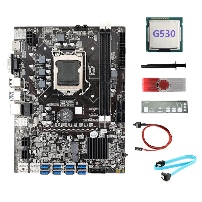 B75 8USB BTC Mining Motherboard+G530 CPU+64G USB Driver+SATA Cable+Switch Cable+Thermal Grease+Baffle For ETH Miner 
B75 8USB BTC Mining Motherboard+G530 CPU+64G USB Driver+SATA Cable+Switch Cable+Thermal Grease+Baffle For ETH Miner