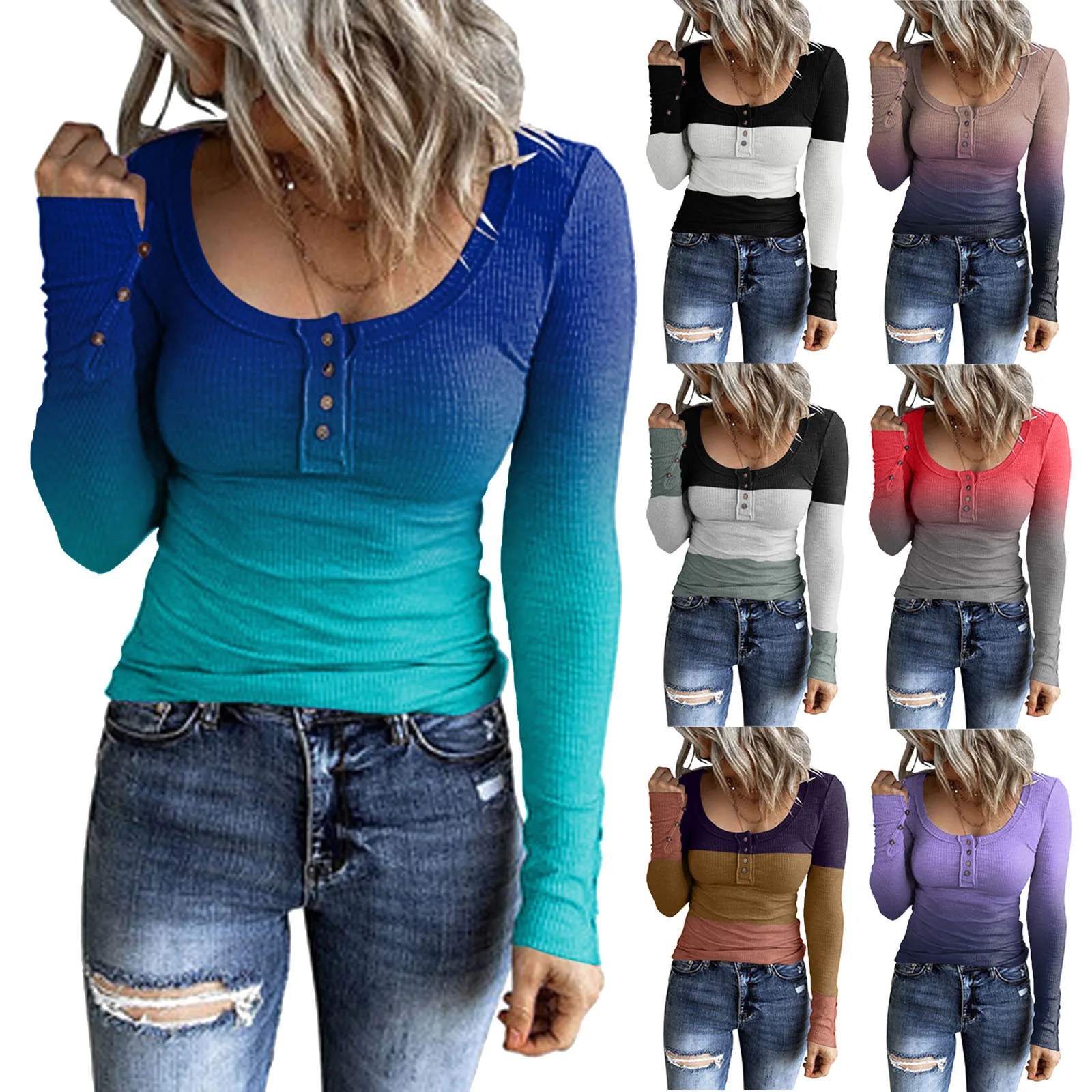 Spring/Autumn 2022 New matching color gradient T-shirt women's round neck pullover button long sleeve fashion slim women's top
Spring/Autumn 2022 New matching color gradient T-shirt women's round neck pullover button long sleeve fashion slim women's top