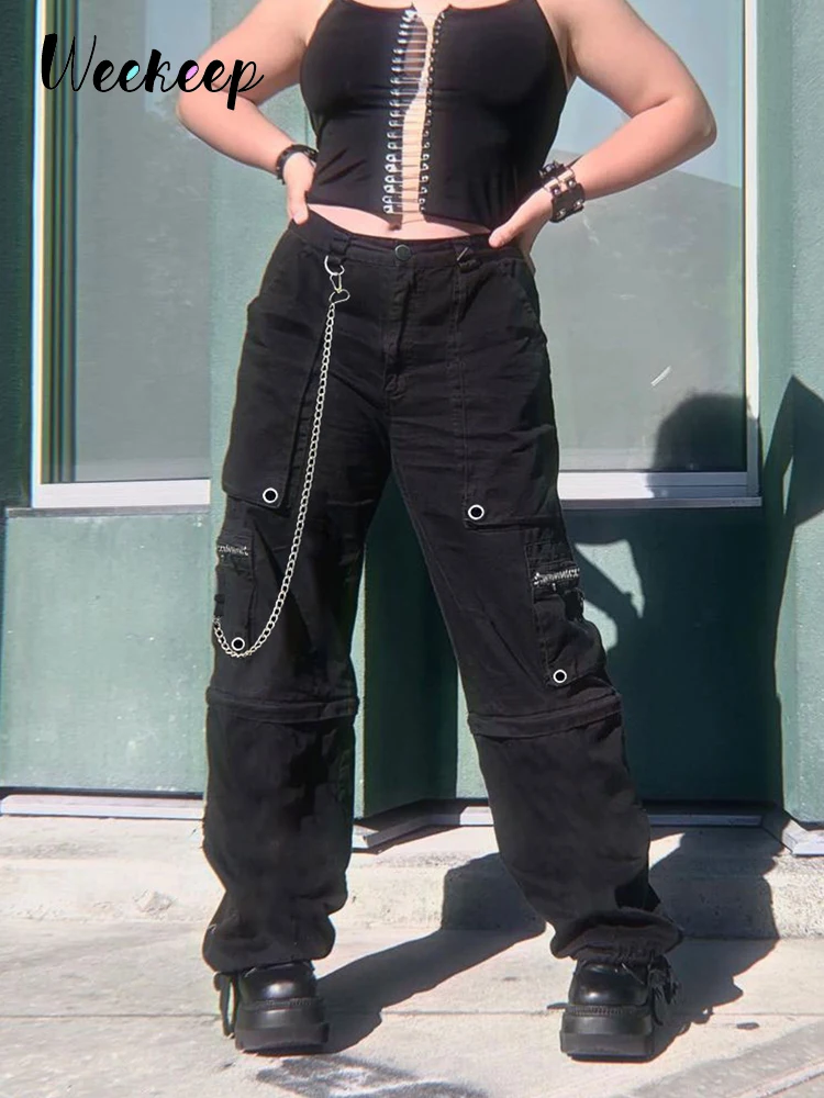 Weekeep Gothic Chain Cargo Pants Punk Style Low Rise Baggy Zipper Pocket Casual Pants Harajuku Black Sweatpants for Women Capris
Weekeep Gothic Chain Cargo Pants Punk Style Low Rise Baggy Zipper Pocket Casual Pants Harajuku Black Sweatpants for Women Capris