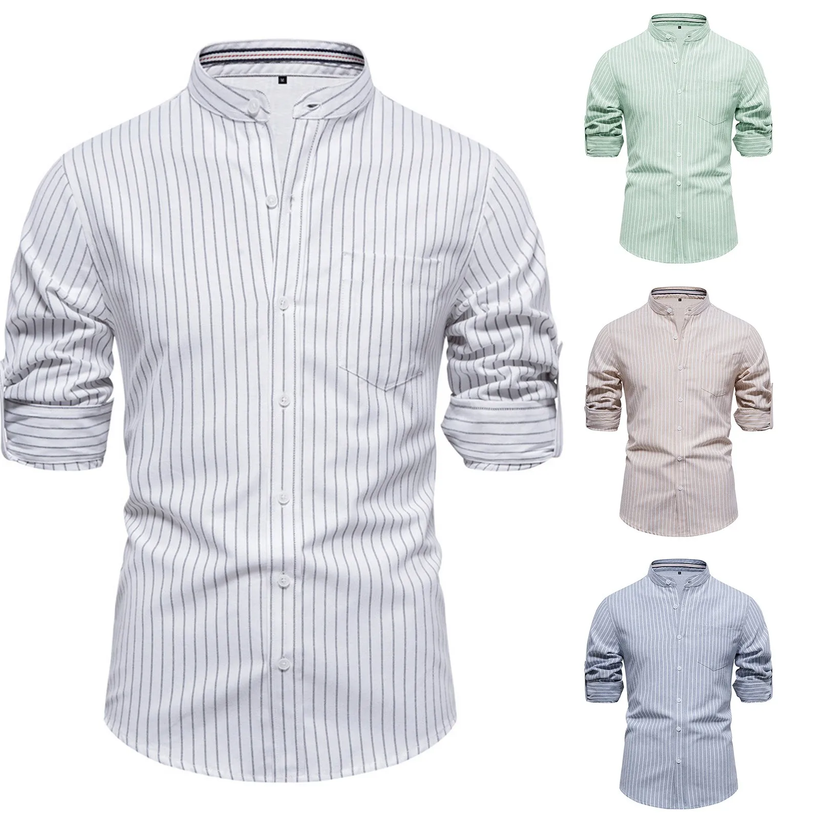 

Mens Slim Fitting Stand Collar Cotton Linen Casual Fashion Business Stripe Long Sleeved Shirt Men Shirt Pack Shirts Big And Tall