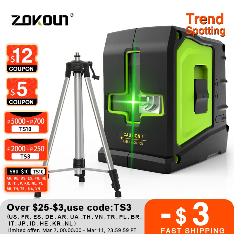 Zokoun 2 Lines Laser Level Self Levelling ( 4 degrees) Green Red Beam Laser Horizontal & Vertical Cross-Line with Tripod H15-14
Zokoun 2 Lines Laser Level Self Levelling ( 4 degrees) Green Red Beam Laser Horizontal & Vertical Cross-Line with Tripod H15-14