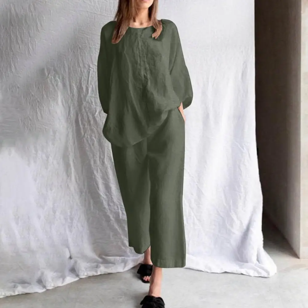 Women Top Pants Suit Solid Color Elastic Waist Quick Dry O Neck Two Pieces Cotton Linen Loose Wide Leg Blouse Trousers Set
Women Top Pants Suit Solid Color Elastic Waist Quick Dry O Neck Two Pieces Cotton Linen Loose Wide Leg Blouse Trousers Set