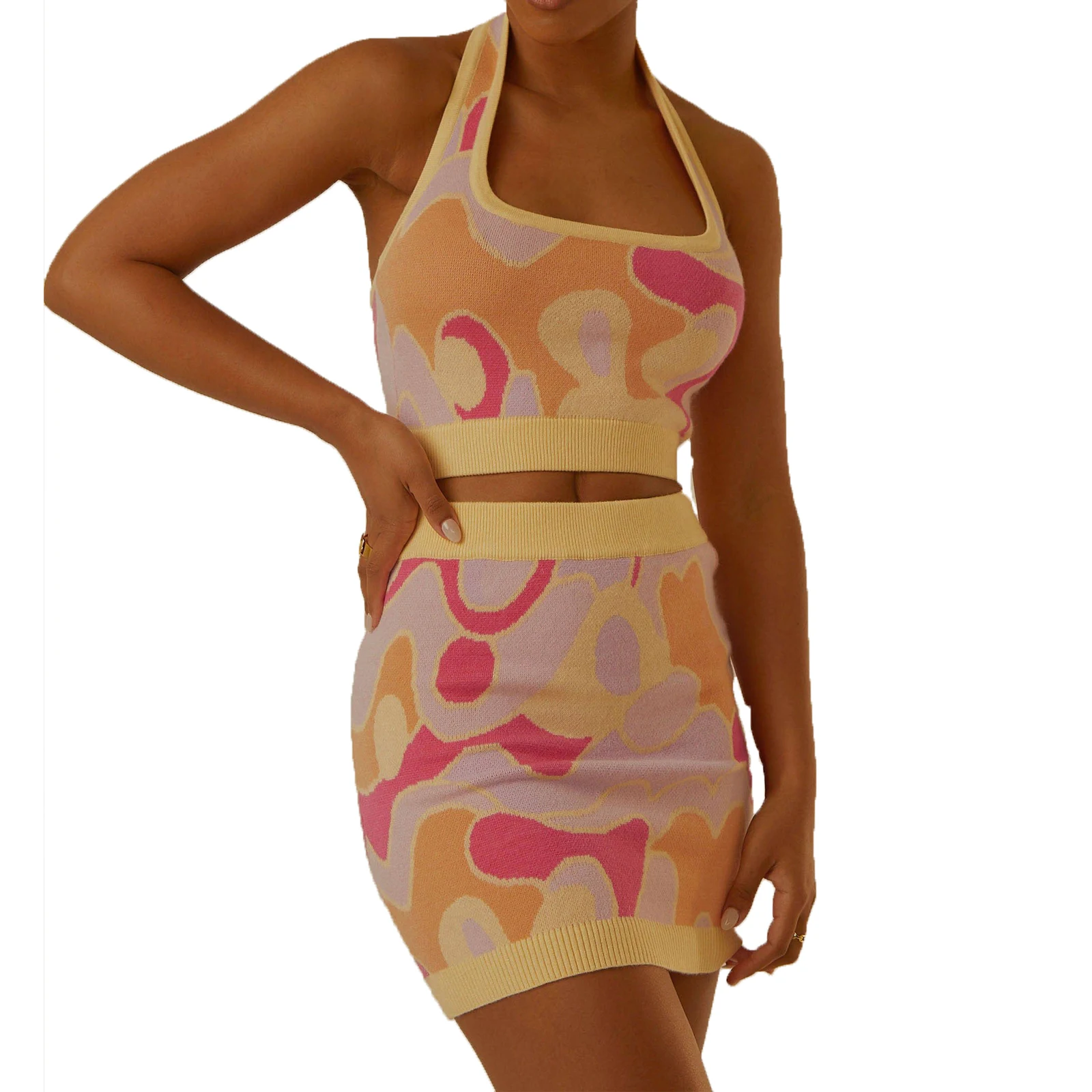 Fashion Women 2 Pieces Knitted Outfits Contrast Color Floral Print Halterneck Tank Tops Mini Skirts Set Summer Beach Streetwear
Fashion Women 2 Pieces Knitted Outfits Contrast Color Floral Print Halterneck Tank Tops Mini Skirts Set Summer Beach Streetwear