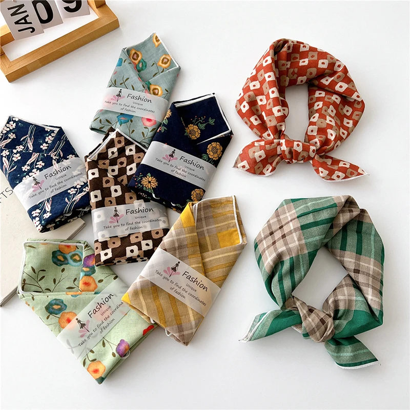 

Новое поступление, квадратный шарф из хлопка и льна, платки в полоску, цветочный шарф для волос, украшение, цветочный шейный платок, универсальный 55x55 см