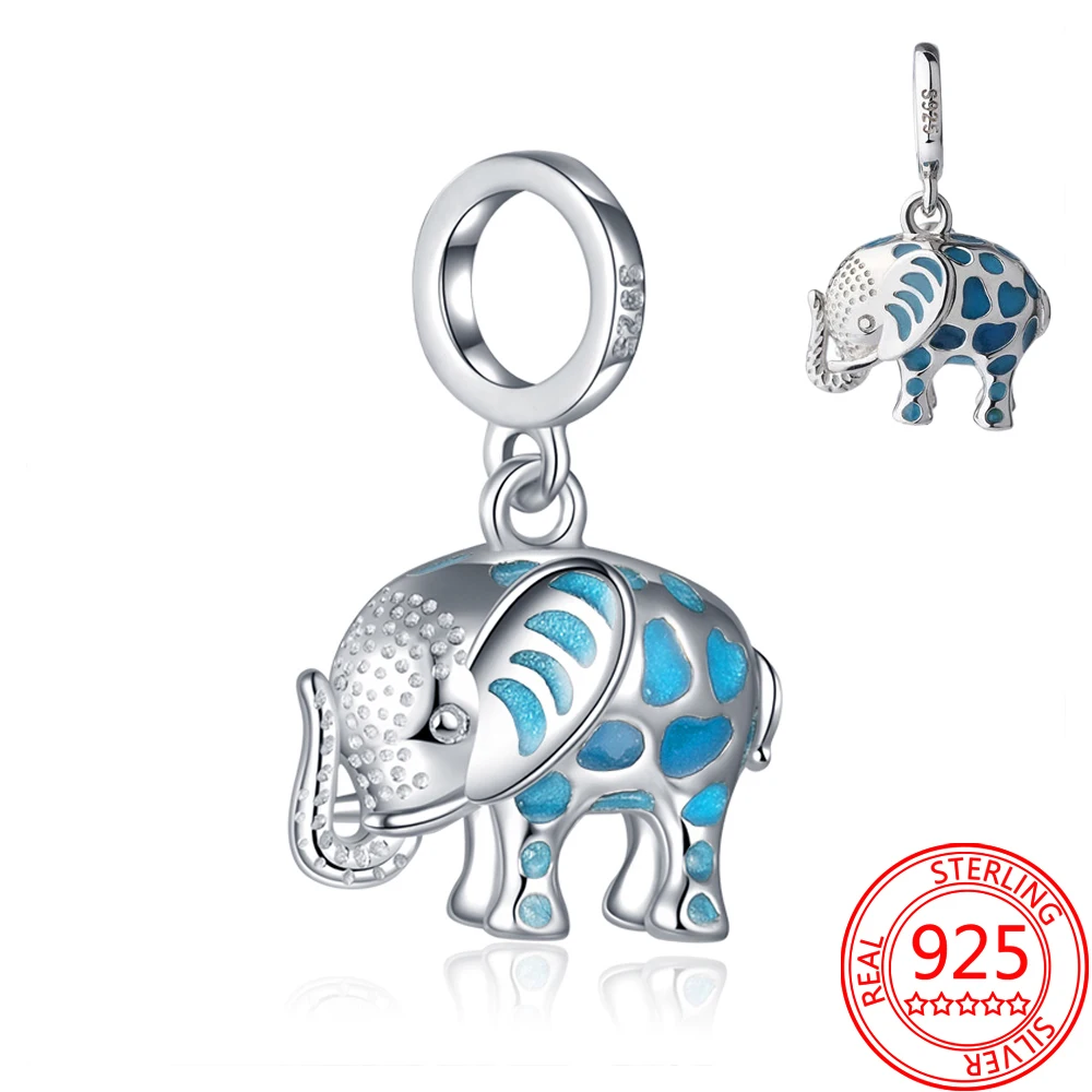 Великолепный Шарм-Слон из серебра 925 пробы с синей эмалью 3D подходит для браслета