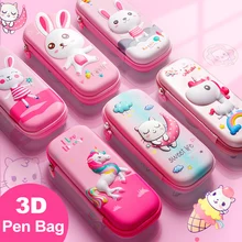 3D Pencil Pen Bag EVA Large Capacity Zipper Pink Cartoon Horse Cat Rabbit Unicorn Pen Case for Student Stationery Supplies