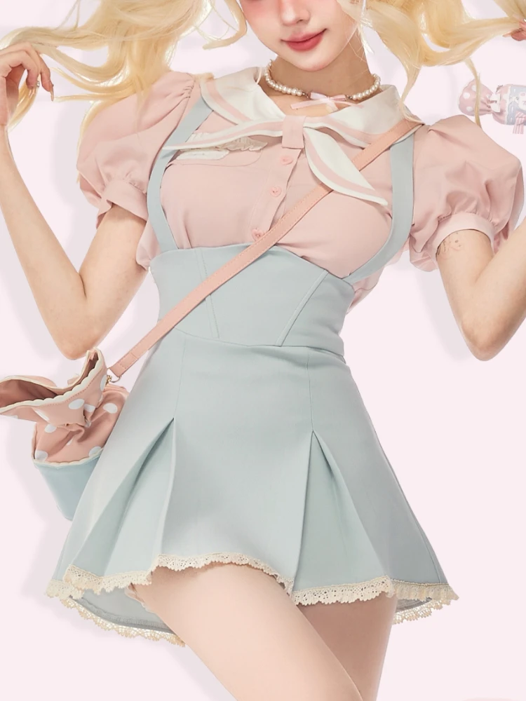 Japanese Kawaii Lolita Two Piece Set Women Puff Sleeve Sweet Elegant Dress Suit Female Cute Pink Blouses + Blue Suspender Dress
Japanese Kawaii Lolita Two Piece Set Women Puff Sleeve Sweet Elegant Dress Suit Female Cute Pink Blouses + Blue Suspender Dress