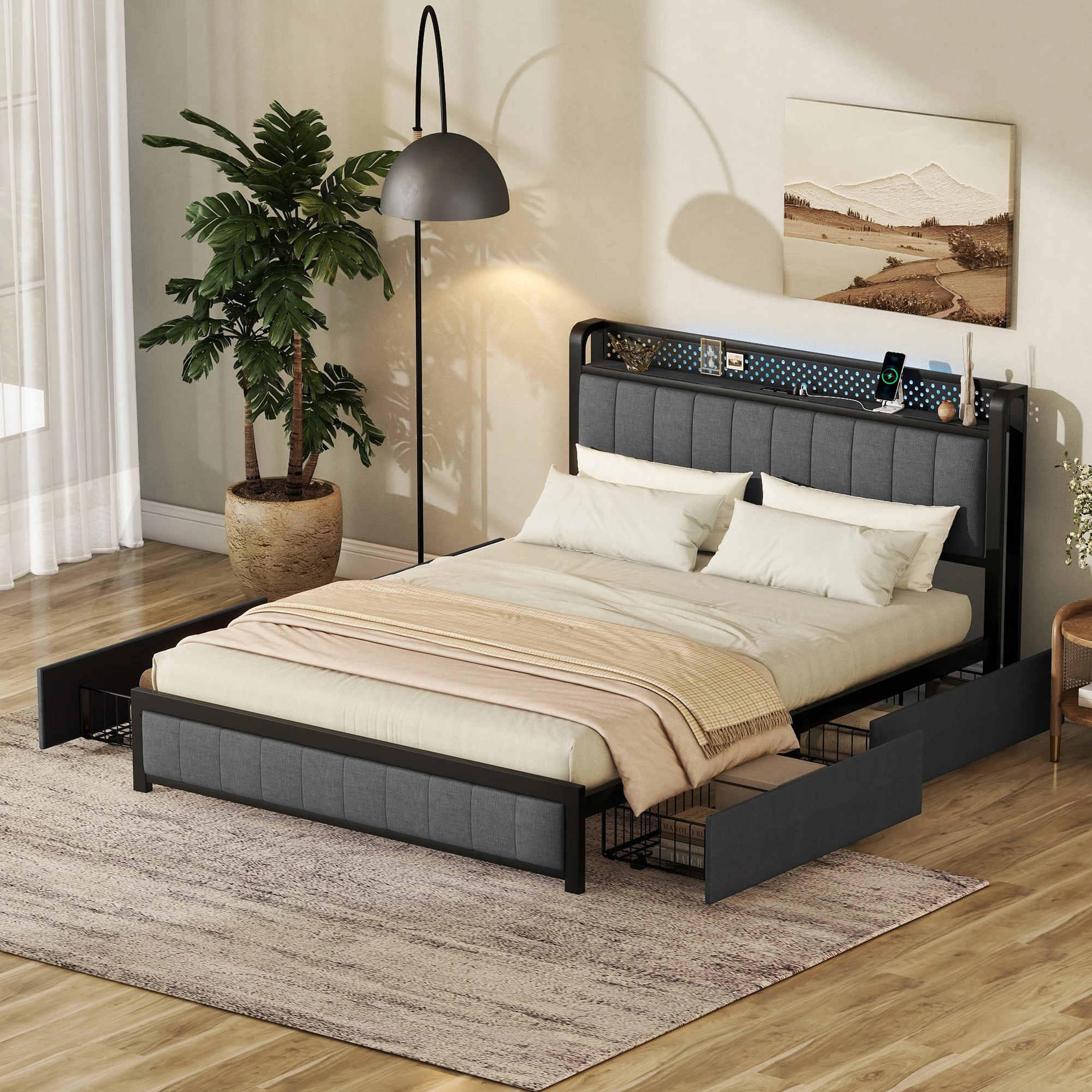 

Двуспальная кровать, рама с искусственным изголовьем кровати с 4 ящиками для хранения и USB-портами, темно-серый/бежевый [светодиодный]